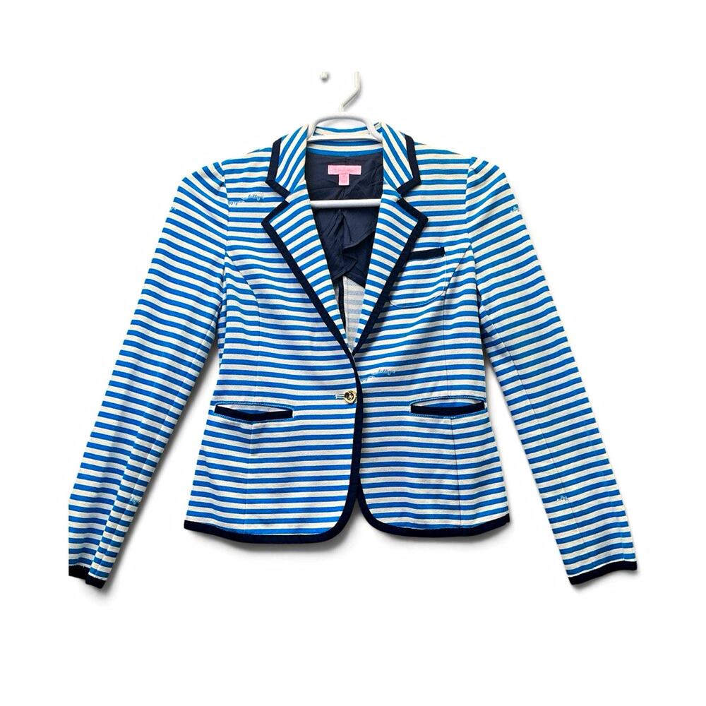 Lilly Pulitzer Pique Blazer Jacket Blue White Striped Lined Pockets Womens M